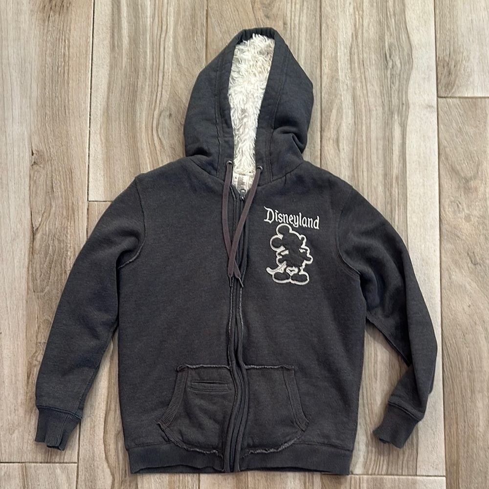 Disney Parks Women L Gray 55 Mickey Mouse Faux Fur Lined Hoodie Jacket